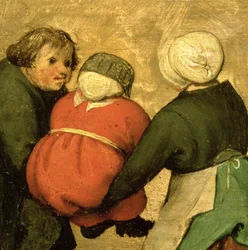 Kinderspelen: detail van een kind gedragen door twee anderen, 1560 (detail)
